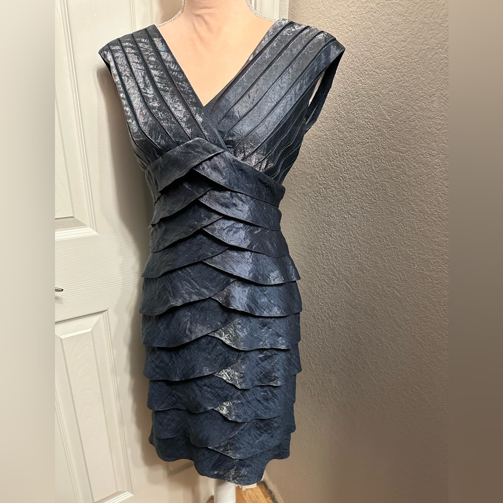 Adrianna Papell Navy Blue Shimmer Layered Cocktail Dress - Picture 3 of 7